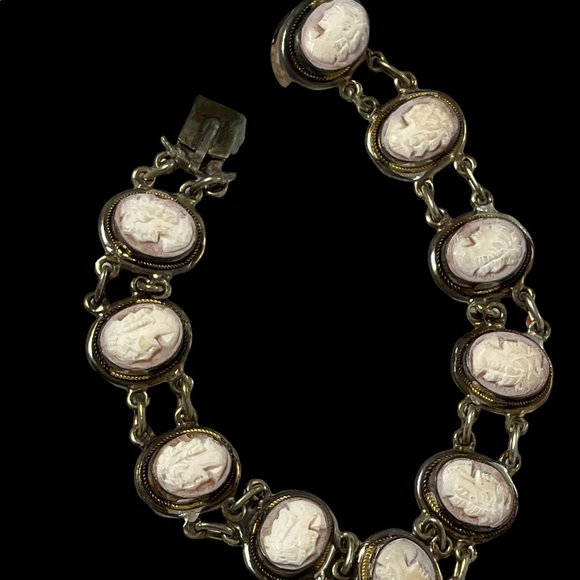 Vintage 800 Silver shell Cameo link bracelet appx 1930s - Picture 7 of 10